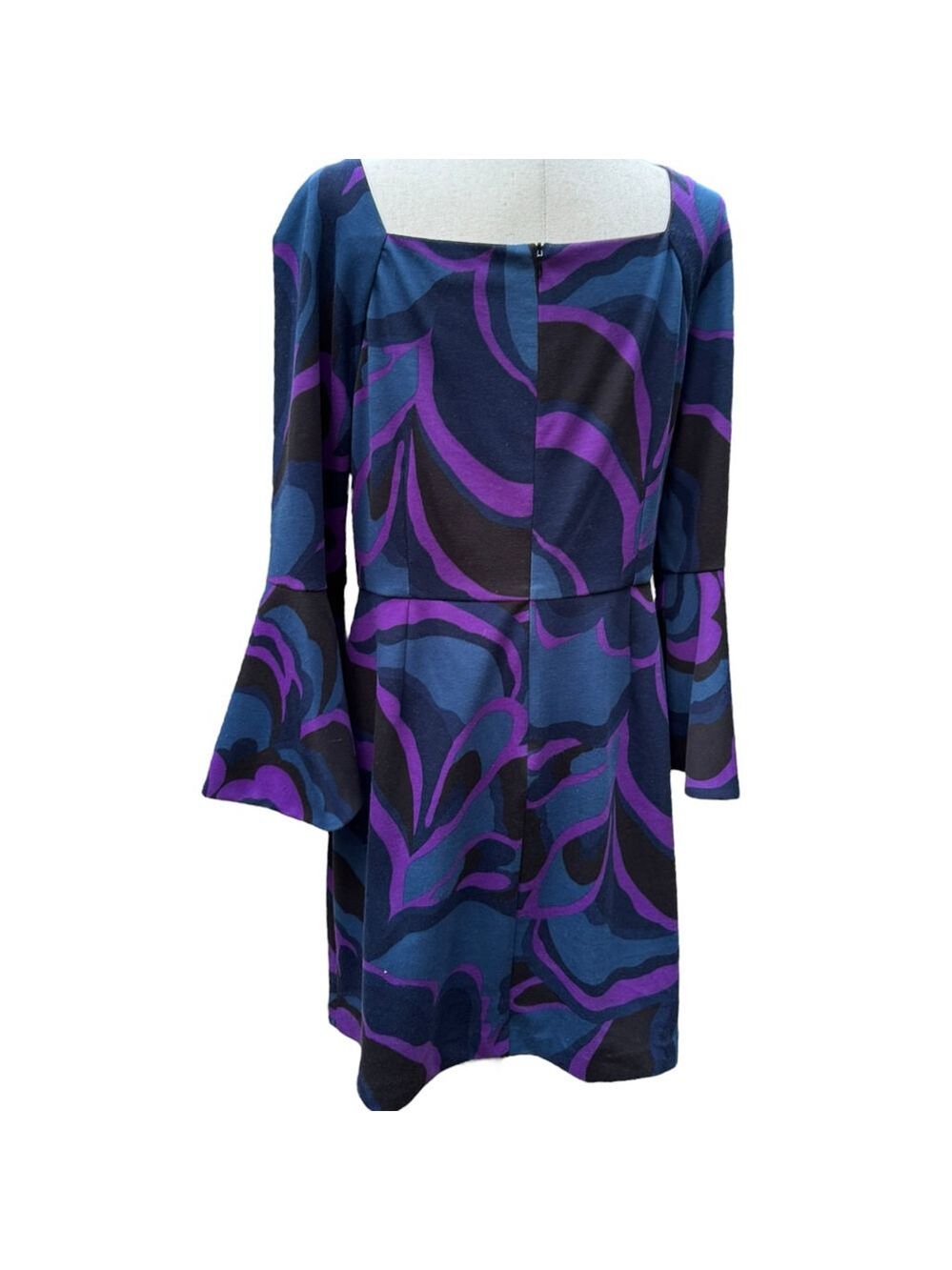 Trina Turk Size 14 Bell Sleeve Dress | Purple & Blue Swirl Geometric Mod Print - Picture 10 of 11